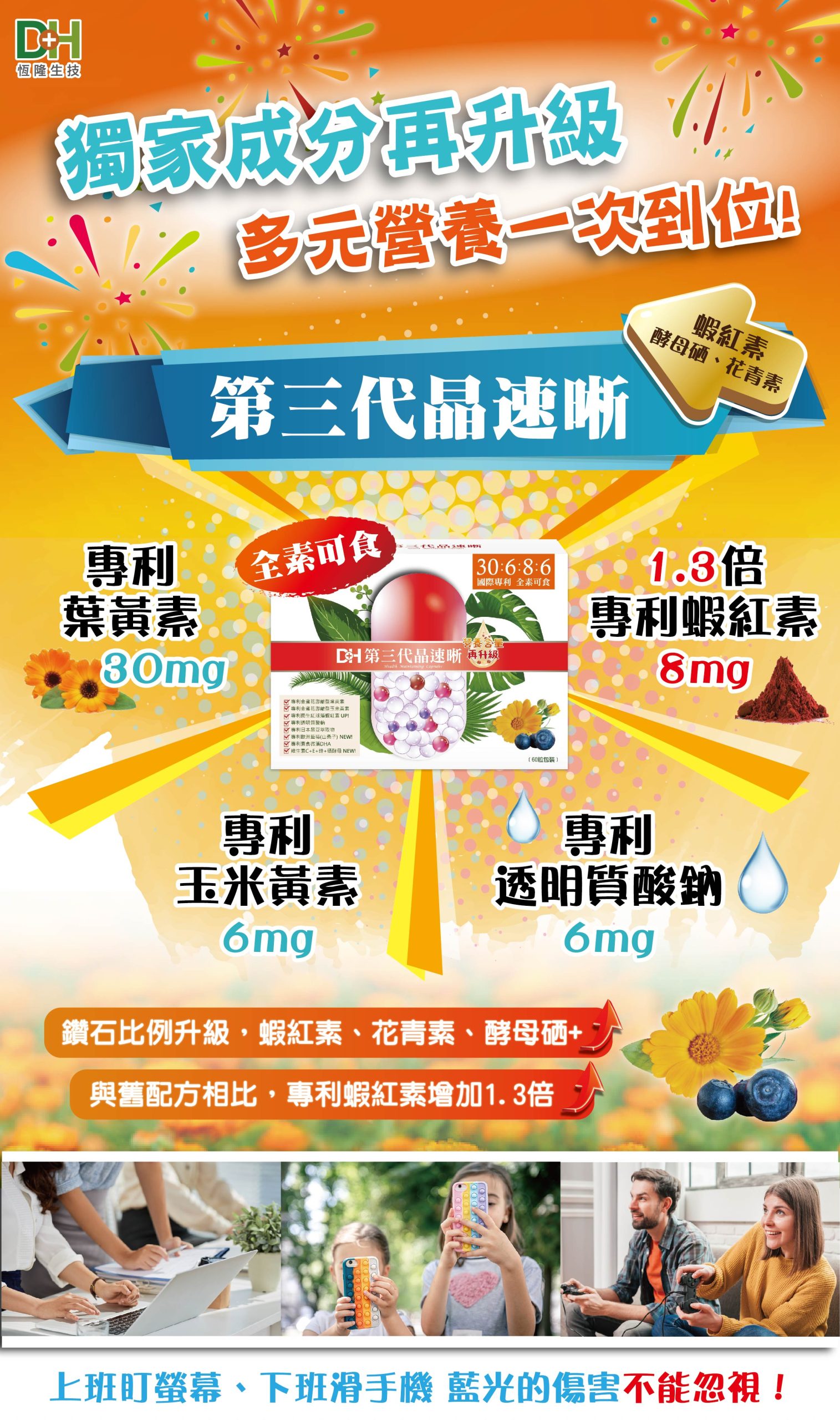DH恆隆生技/第三代晶速晰/足量葉黃素/足量玉米黃素/蝦紅素/玻尿酸/透明質酸鈉/晶亮有神/花青素/全素可食